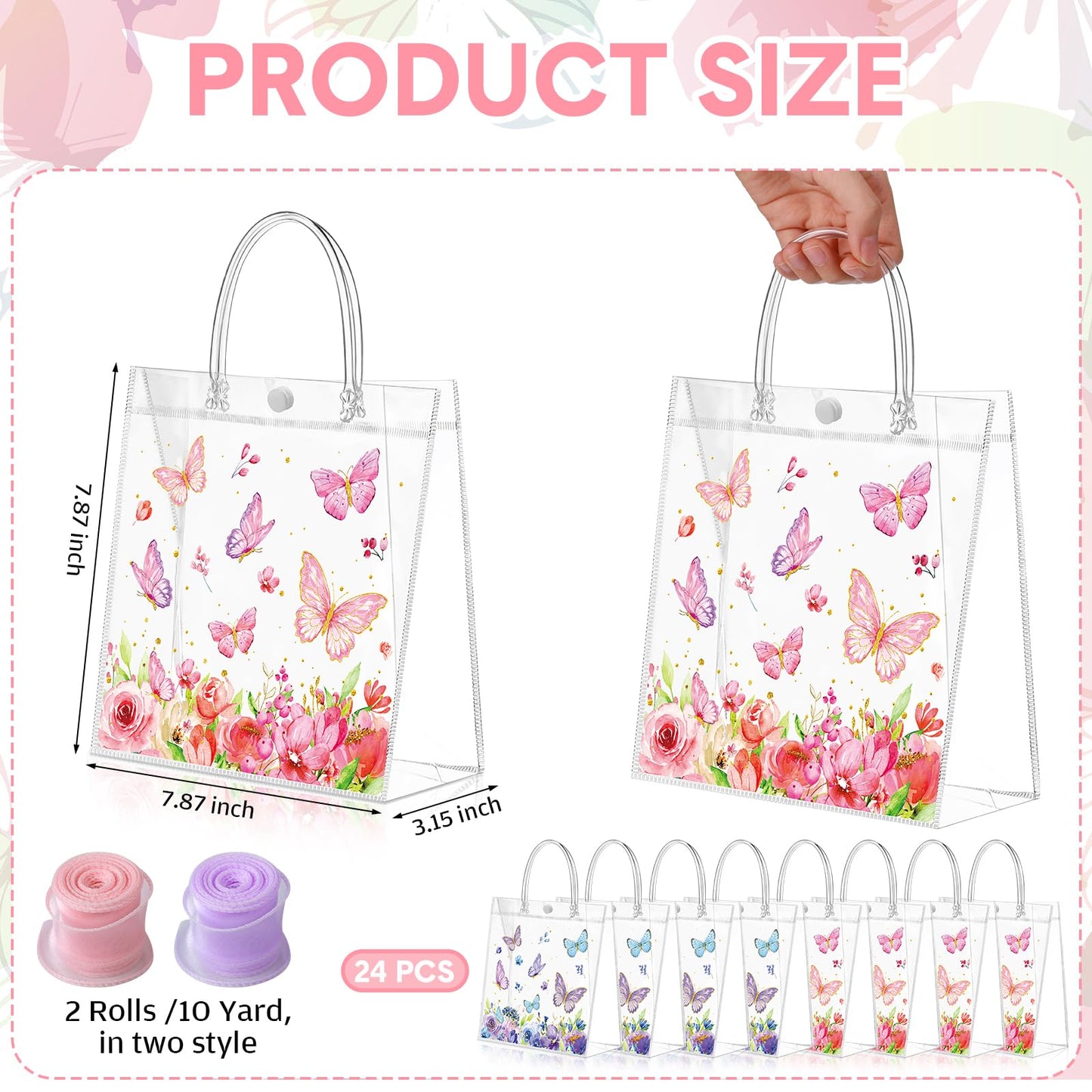 Hosuly 24 Pcs Butterfly Gift Bags with Ribbon, Clear PVC Spring Butterfly Treat Bags with Handles, Reusable Pink Purple Transparent Favor Bag for Wedding, Baby Shower, Birthday, Theme Party
