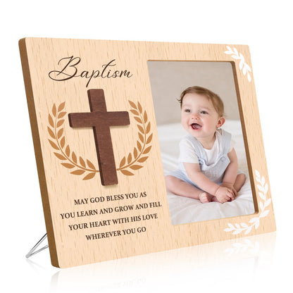Baptism Picture Frame Gifts,Baptism Gifts for Boys Girls, Christening Baby Gift from Godparents Friends Family,3D Cross Wood Picture Frame(4x6-Vertical)