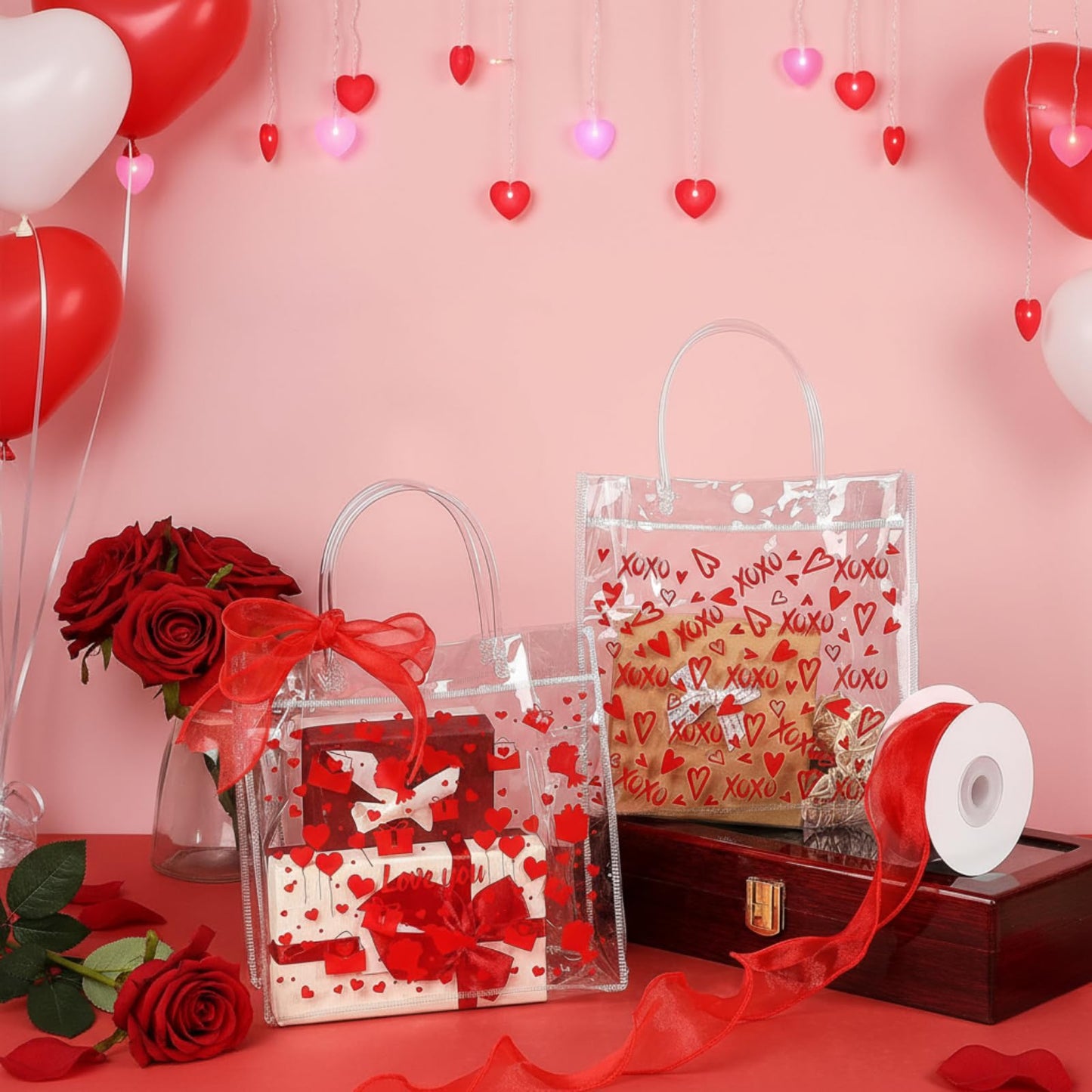 Amylove 24 Pcs Valentines Gift Bags Bulk Valentines Day Clear Gift Bags Bulk Valentine Clear PVC Goodie Bag with Handles Galentines Day Party Favors (Stylish,Red)