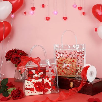 Amylove 24 Pcs Valentines Gift Bags Bulk Valentines Day Clear Gift Bags Bulk Valentine Clear PVC Goodie Bag with Handles Galentines Day Party Favors (Stylish,Red)