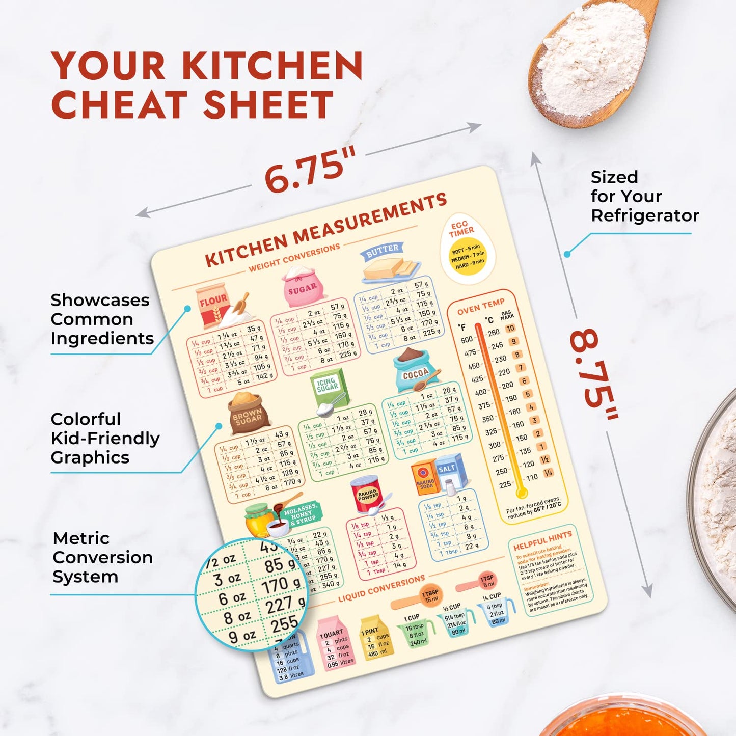 Kitchen Conversion Chart Magnet for Easier Cooking & Kitchen Baking - Kitchen Gadget Baking Gifts - Metric Conversion Chart for Cooking - Cute Kitchen Accessories - Kitchen Needs Baking Accessories