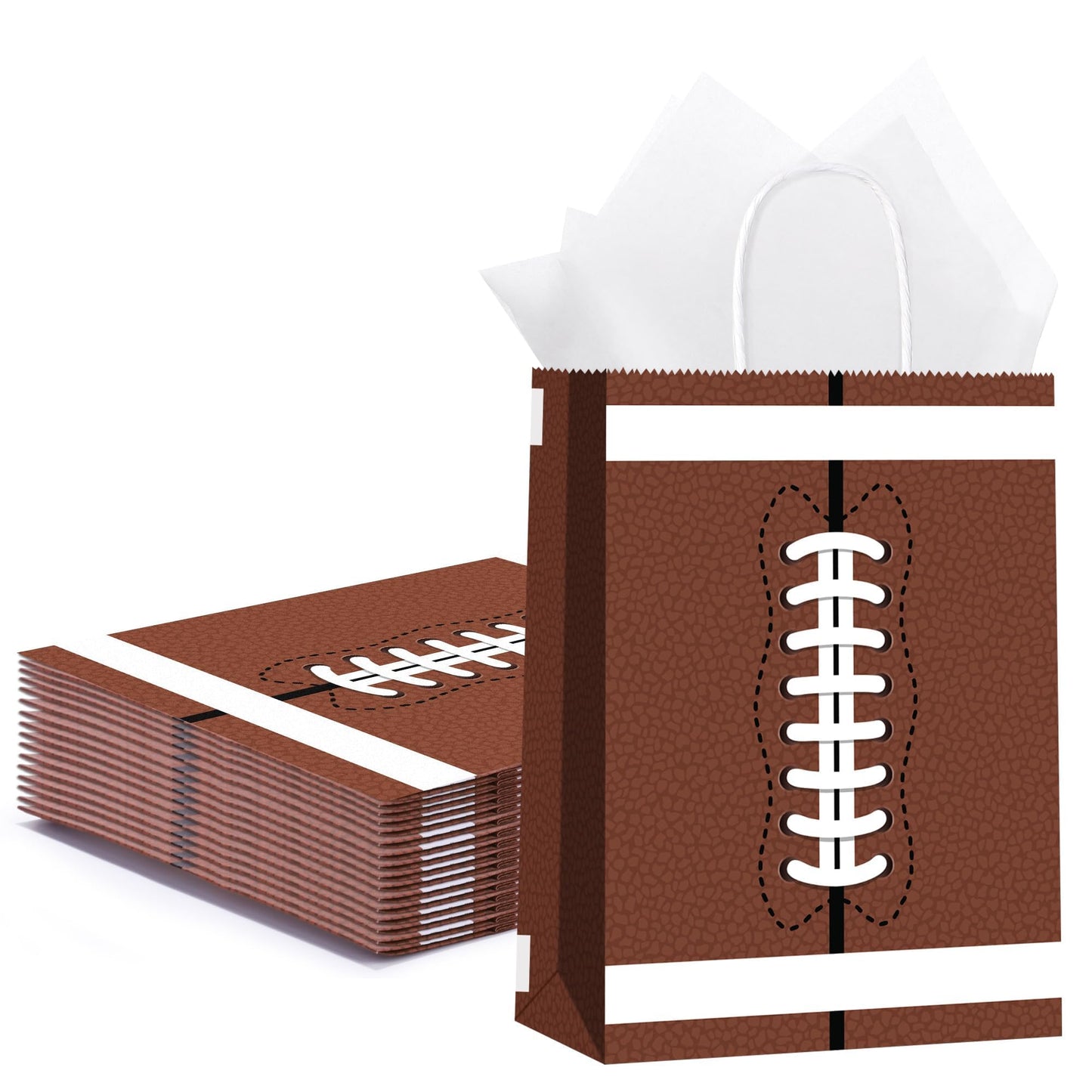 16 Pack Football Party Favor Bags with Handles Paper Treat Goodie Bags with Tissue Paper Reusable Football Theme Gift Bags for Birthday Party Supplies Sports Game Decorations