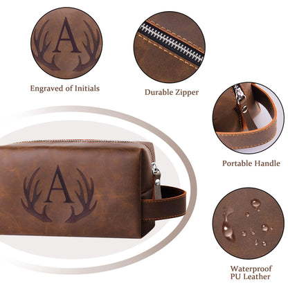 Mens Toiletry Bag Personalized Easter Fathers Day Birthday Gifts for Men Him Initial PU Leather Waterproof Shaving Bag for Toiletries Accessories Travel Essential for Dad Husband Boyfriend (M)