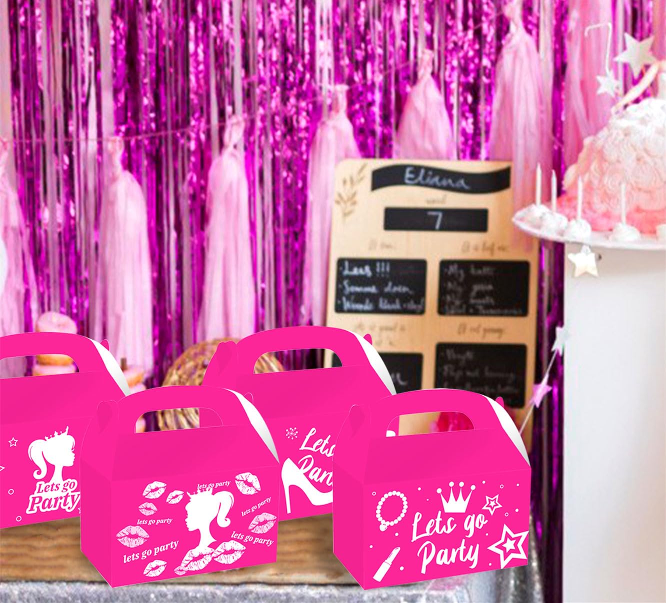 JeVenis 12 PCS Pink Candy Boxes - Let's Go Party Supplies - Gift Box Treat Bags for Girl Birthday Party & Bridal Shower