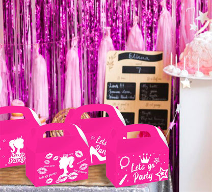JeVenis 12 PCS Pink Candy Boxes - Let's Go Party Supplies - Gift Box Treat Bags for Girl Birthday Party & Bridal Shower