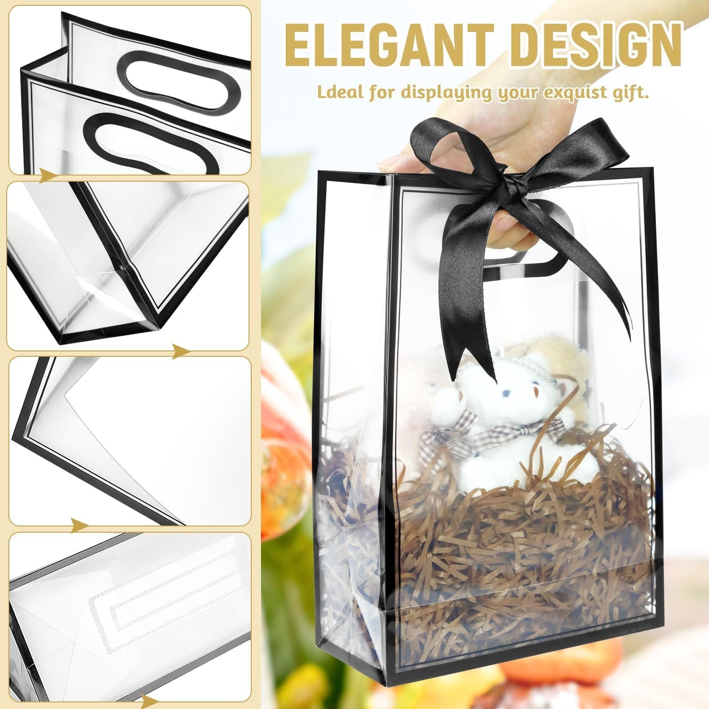 BadenBach 20 PCS Clear Gift Bags with Handles,7"x10"x3.2", Reusable Clear Party Favor Bags with Ribbon,Transparent Plastic Gift Bags for Bridal Party Baby Shower Wedding Mother's Day,Black