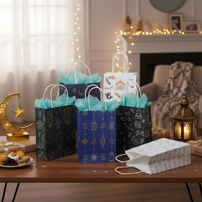 Epakh 24 Pcs Eid Mubarak Paper Gift Bags with Handle Ramadan Goodies Bags Moon Stars Lantern Ramadan Kareem for Islamic Muslim Party Favor Al Fitr Party