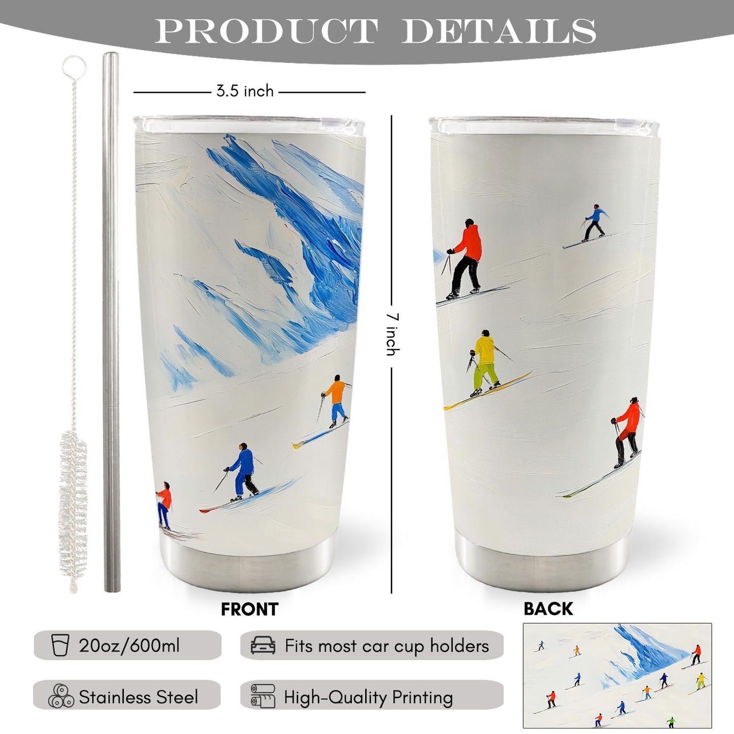 Winter Skiing Skier 20oz Travel Coffee Mug Tumbler, Christmas Ski Skiing Gifts for Skiers Men Women, Winter Skier Gifts, Skiing Christmas Water Stainless Steel Tumbler with Lid and Straw