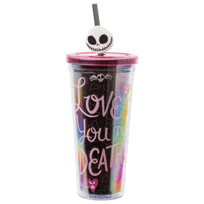 Silver Buffalo Disney The Nightmare Before Christmas Misfit Love Featuring Jack Skellington and Sally Plastic Cold Cup with Lid and Straw Topper, 24 Ounces