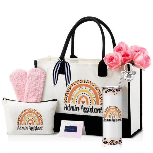 Geiserailie 8 Pcs Administrative Assistant Gifts for Women Including Large Tote Bag Cosmetic Bags Tumbler Cup Plush Socks Metal Keychain Card Administrative Professionals Day Gifts for Secretary Day