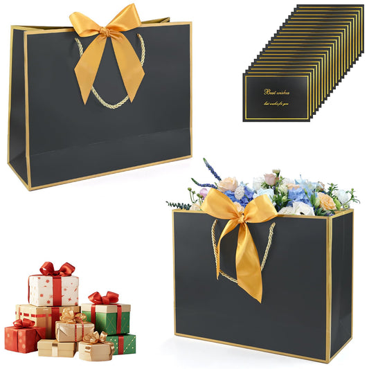 20PCS Black Gift Bags with Handles, 7.5x5.9x2.7Inches Welcome Bag Return Gifts with Handles, Birthday Gift Bags with Ribbon, Greeting Cards for Wedding Baby Shower Bridesmaid Party Gift (Black-Gold)