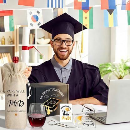 Chunful 7 Pcs PhD Graduation Gifts Doctorate Graduation Gift Set for Women, 17oz Wine Glass Wine Bag Keychain Acrylic Keepsake Socks Greeting Card & Box Funny Pairs Well with a PhD Gifts