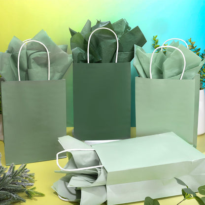 Whaline 36 Pcs Sage Green Paper Gift Bags with Tissue Paper Gradient Green Party Favor Bags with Handle Goodie Candy Treat Bag for Mother's Day Wedding Birthday Baby Shower One Lucky Duck Patry