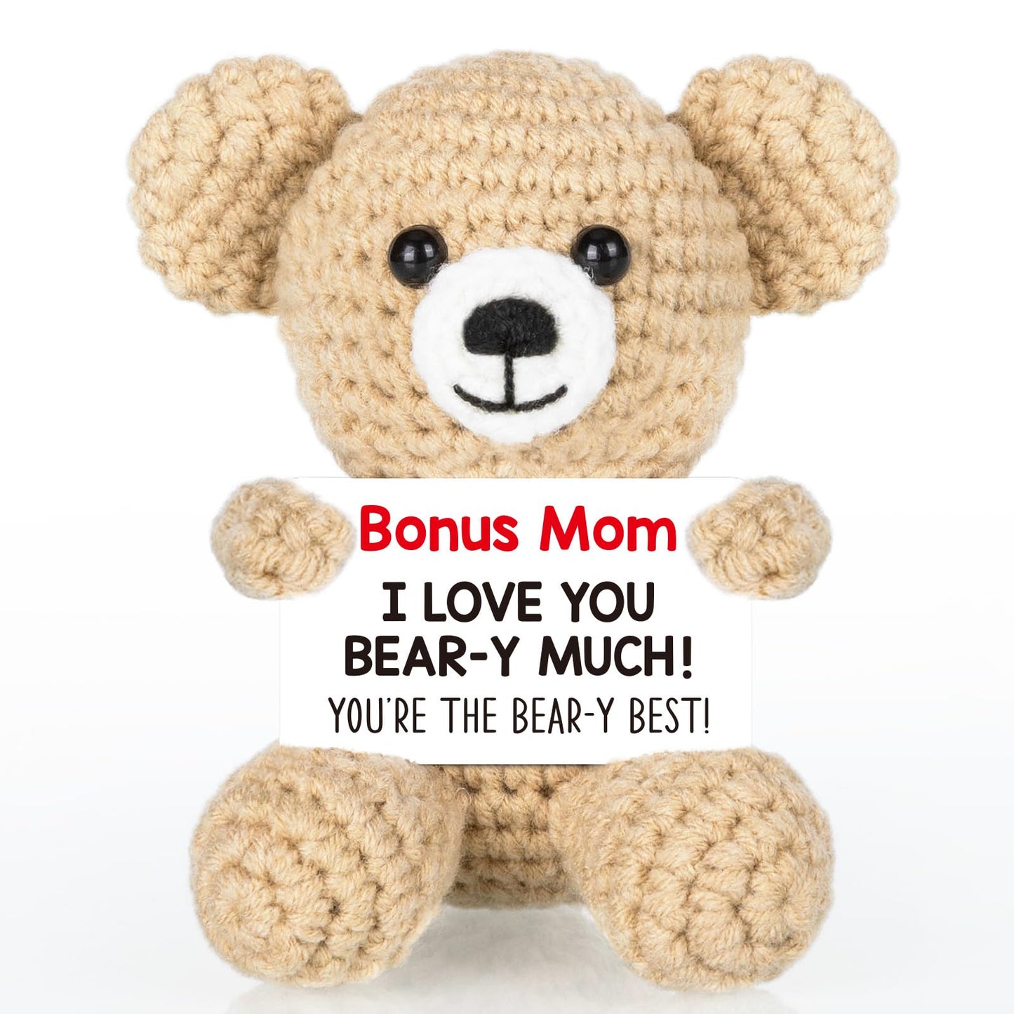 WELLBANEE Mother Gift Bonus Mom, Handmade Crochet Bear for Sentimental Mothers Day Birthday Present for Stepmom, Appreciation Keepsake for The Best Bonus Mom Ever, Small Desk or Shelf Décor Bear