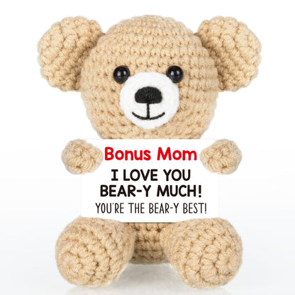 WELLBANEE Mother Gift Bonus Mom, Handmade Crochet Bear for Sentimental Mothers Day Birthday Present for Stepmom, Appreciation Keepsake for The Best Bonus Mom Ever, Small Desk or Shelf Décor Bear