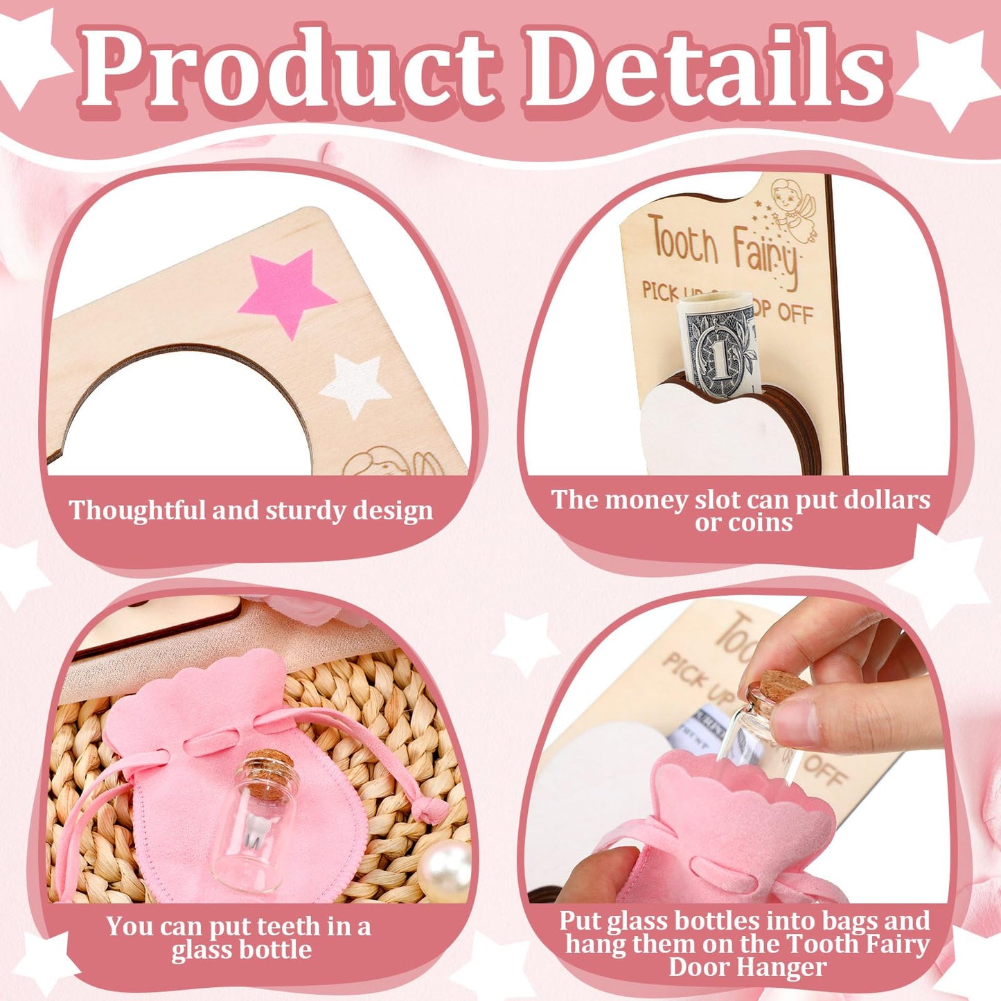 DoubleFill Tooth Fairy Gift Holder Bag Door Hanger Tooth Fairy Kit Stores Lost Teeth Keepsake Box Easter Gift World Oral Health Day Gifts for Lost Teeth Boy Girl(Classic,Pink)