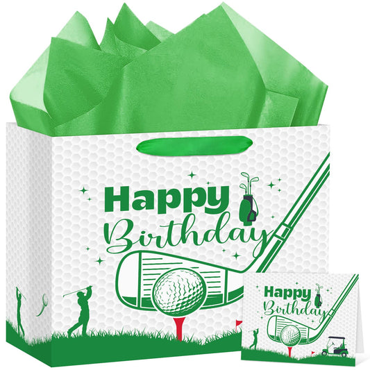 Hooqict Golf Gift Bag Happy Birthday Party Gift Bag with Handles, Wrapping Paper, Greeting Card for Boys Kids Men Golf Themed Birthday Decorations Sports Party Supplies