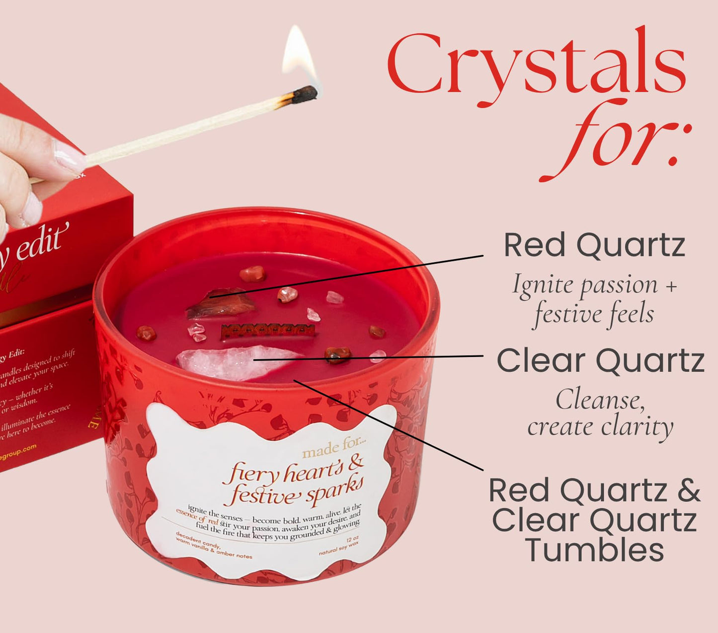 Red Crystal Candle for Women – 12oz Large Luxury Soy Wax with Crackling Wood Wick, Slow Burn Meditation with Healing Crystals, Birthday or Mother’s Day Gift