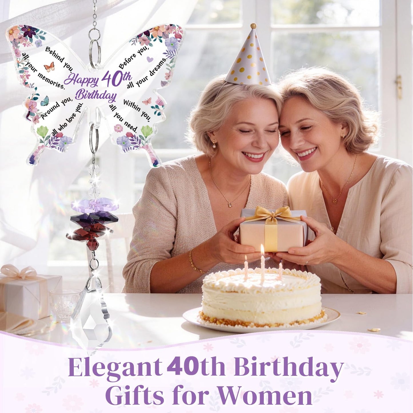 Funnli 40th Birthday Gifts for Women, 40th Birthday Decorations for Woman Crystal Suncatcher, 40 Year Old Bday Gift for Friends Sister Mom Grandma Window Hangings Home Decoration