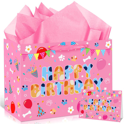 Cartoon Pink Dog Birthday Gift Bag with Wrapping Paper and Greeting Card Cute Hot Pink Dog Gift Wrap Paper Bags Large Cartoon Birthday Party Favor Bags Decorations for Girls Boys Party Supplies
