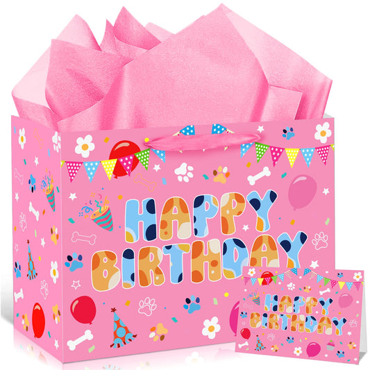 Cartoon Pink Dog Birthday Gift Bag with Wrapping Paper and Greeting Card Cute Hot Pink Dog Gift Wrap Paper Bags Large Cartoon Birthday Party Favor Bags Decorations for Girls Boys Party Supplies