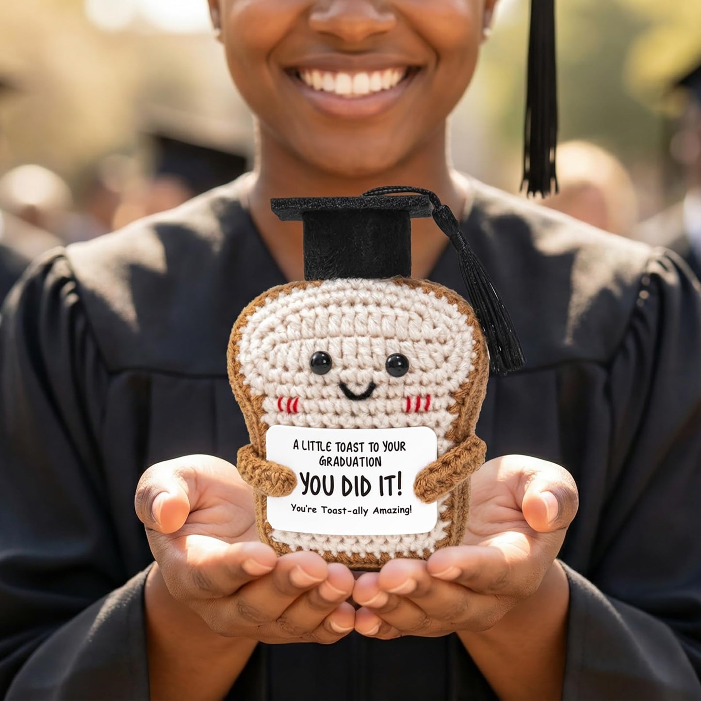 Crisky Handmade Funny Graduation Gifts for Her or Him, Positive Crochet Toast with Little Graduation Card and Grad Caps - You are Totally Amazing - Grad Gifts for College University Masters Degree