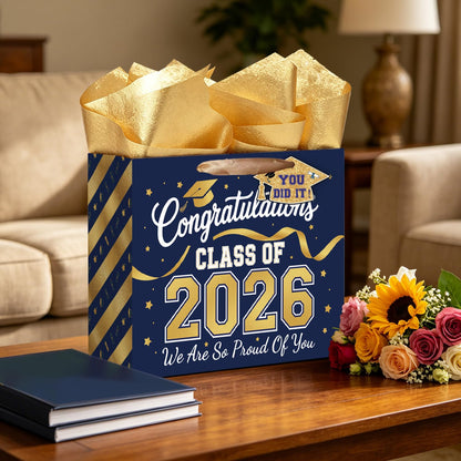 TOTEUSVIA 13" Large Graduation Gift Bag, Blue Gold Congratulations Gift Bags for Class 2026 with Tissue Paper and Greeting Card