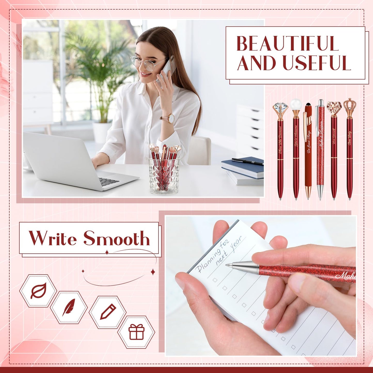 Qeeenar 6 Pcs Fancy Pens for Women Crystal Diamond Pen for Journaling Pretty Glitter Ballpoint with Box Inspirational Gifts for Women Girls College Students Cute Back to School Gifts(Red)