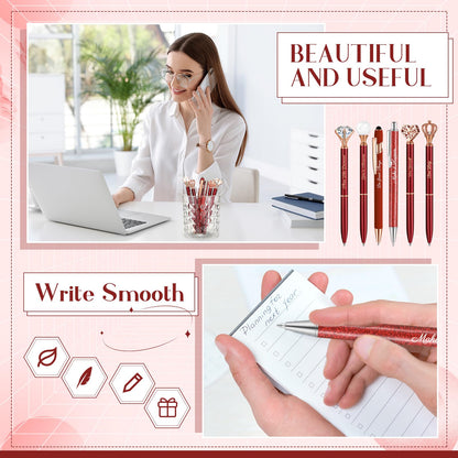 Qeeenar 6 Pcs Fancy Pens for Women Crystal Diamond Pen for Journaling Pretty Glitter Ballpoint with Box Inspirational Gifts for Women Girls College Students Cute Back to School Gifts(Red)