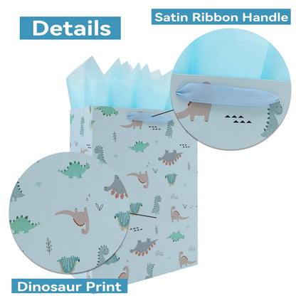 Qirrmiy 16.5'' Extra Large Dinosaur Gift Bag Set with Handles, Greeting Card, Blue Tissue Papers and Stickers for Boys Kids Teens for Birthday, Baby Shower, Baby Boy, Dinosaur-themed Design, 1 Pcs