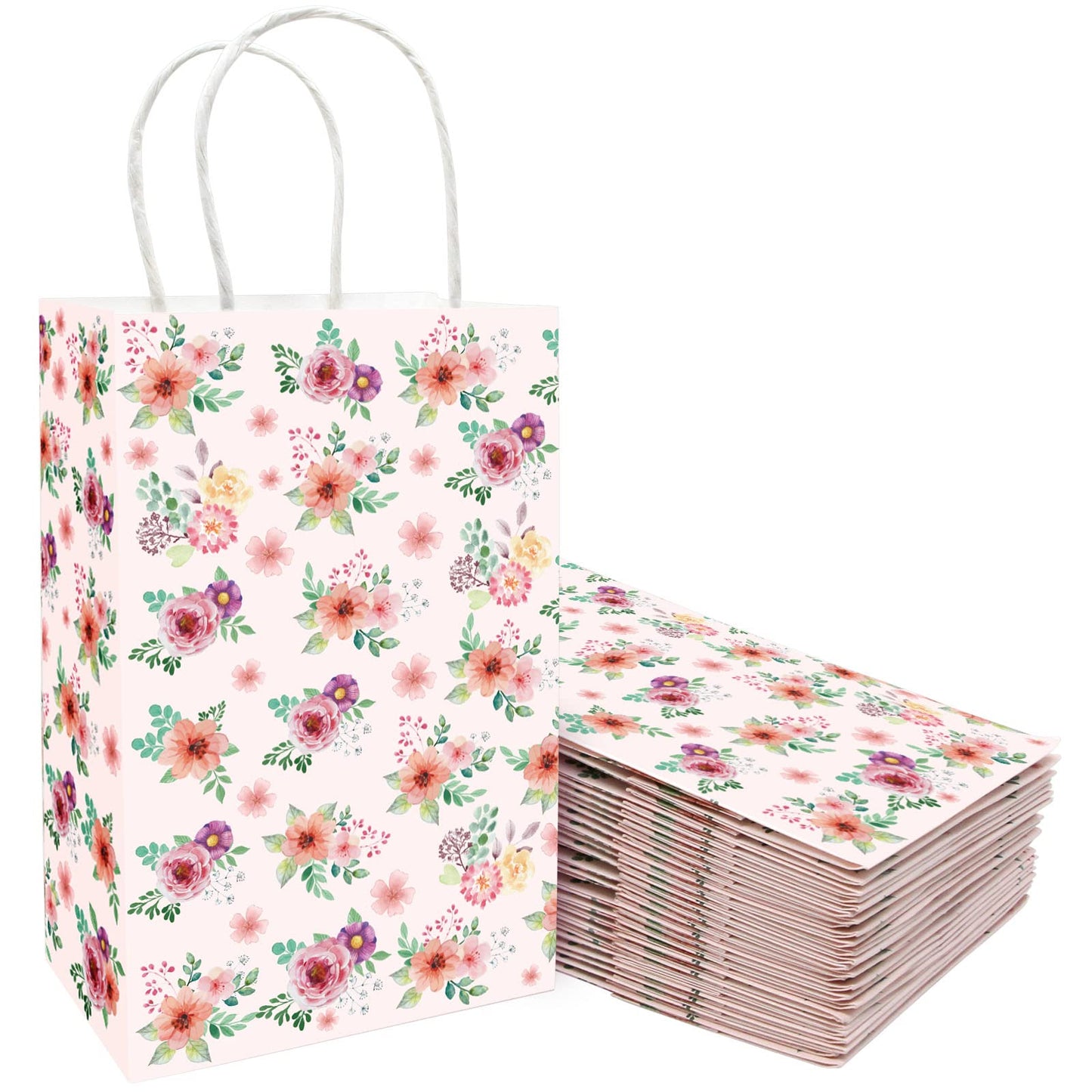 Fancy Land Floral Gift Bags with Handles Spring Paper Party Favor Bag for Wedding Birthday Bridal Baby Shower 24 Pack