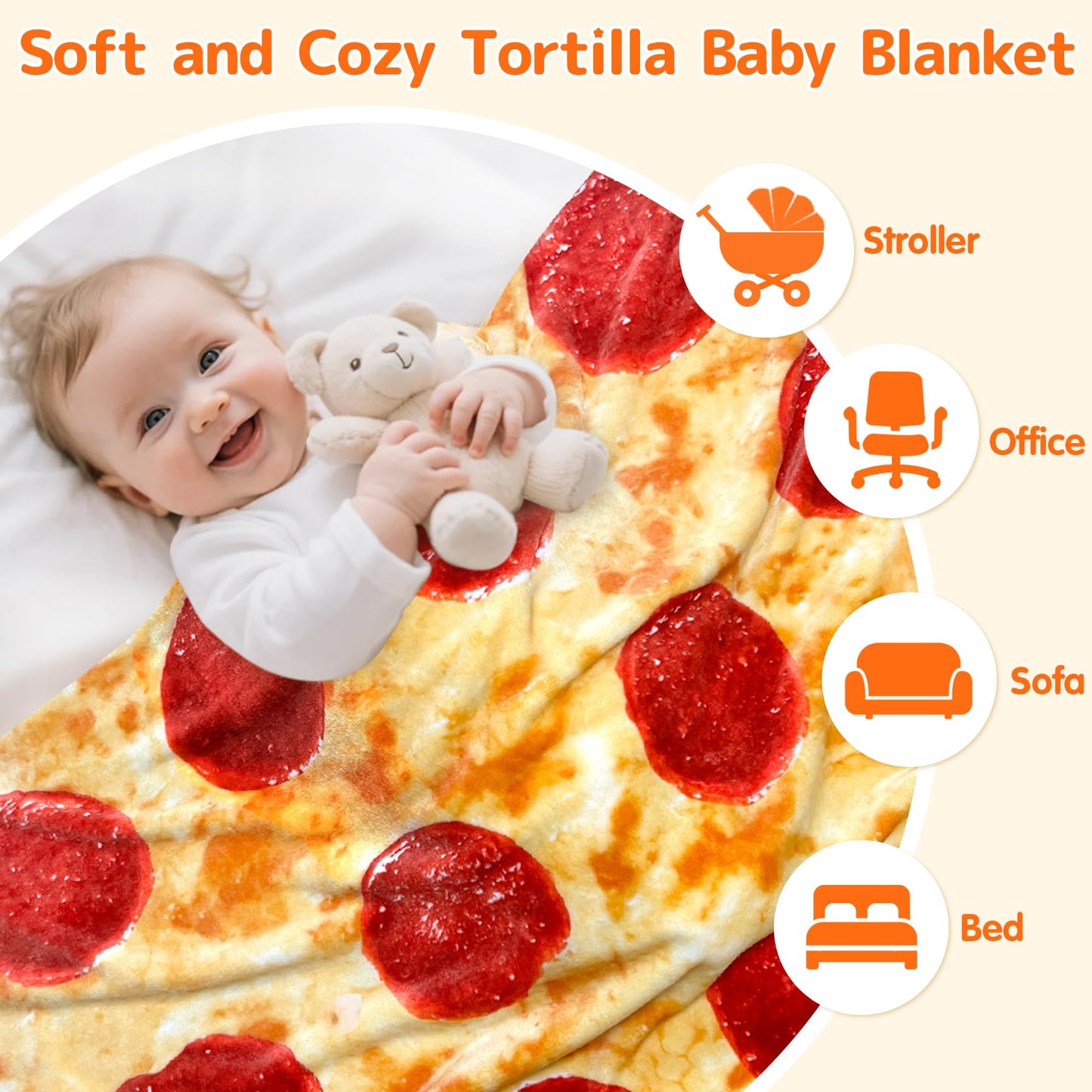 CASOFU Baby Pizzas Swaddle Blanket, Funny Blankets Gag Gifts for Baby Shower Boy Girl Toddler Newborn, 285 GSM Soft Flannel Food Novelty Blanket White Elephant Gifts for Toddler (Flaming, 36 inches)