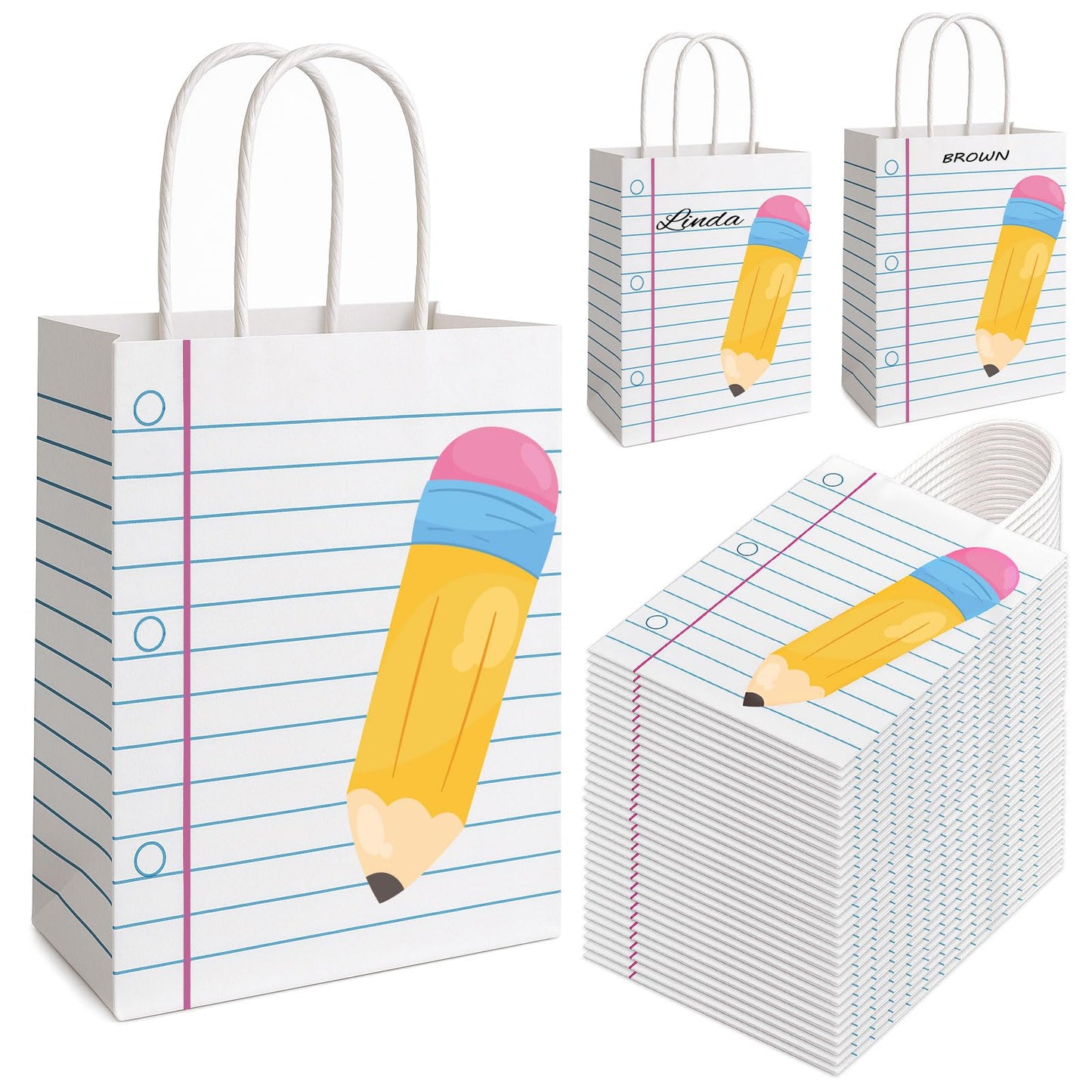 FOGWOWO 36Pcs Back to School Gift Bags Teacher Gift Bags Bulk School Gifts Bag with Handles,Pencil Notebook Line Teacher Appreciation Gifts End of Year Teacher Gifts Bags for Graduation Retirement Wrapping Supplies