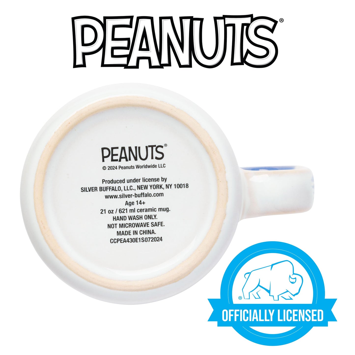 Silver Buffalo Peanuts Reactive Glaze Ceramic Camper Mug Featuring Charlie Brown, Lucy, Sally, Woodstock, and Linus, 20 Ounces