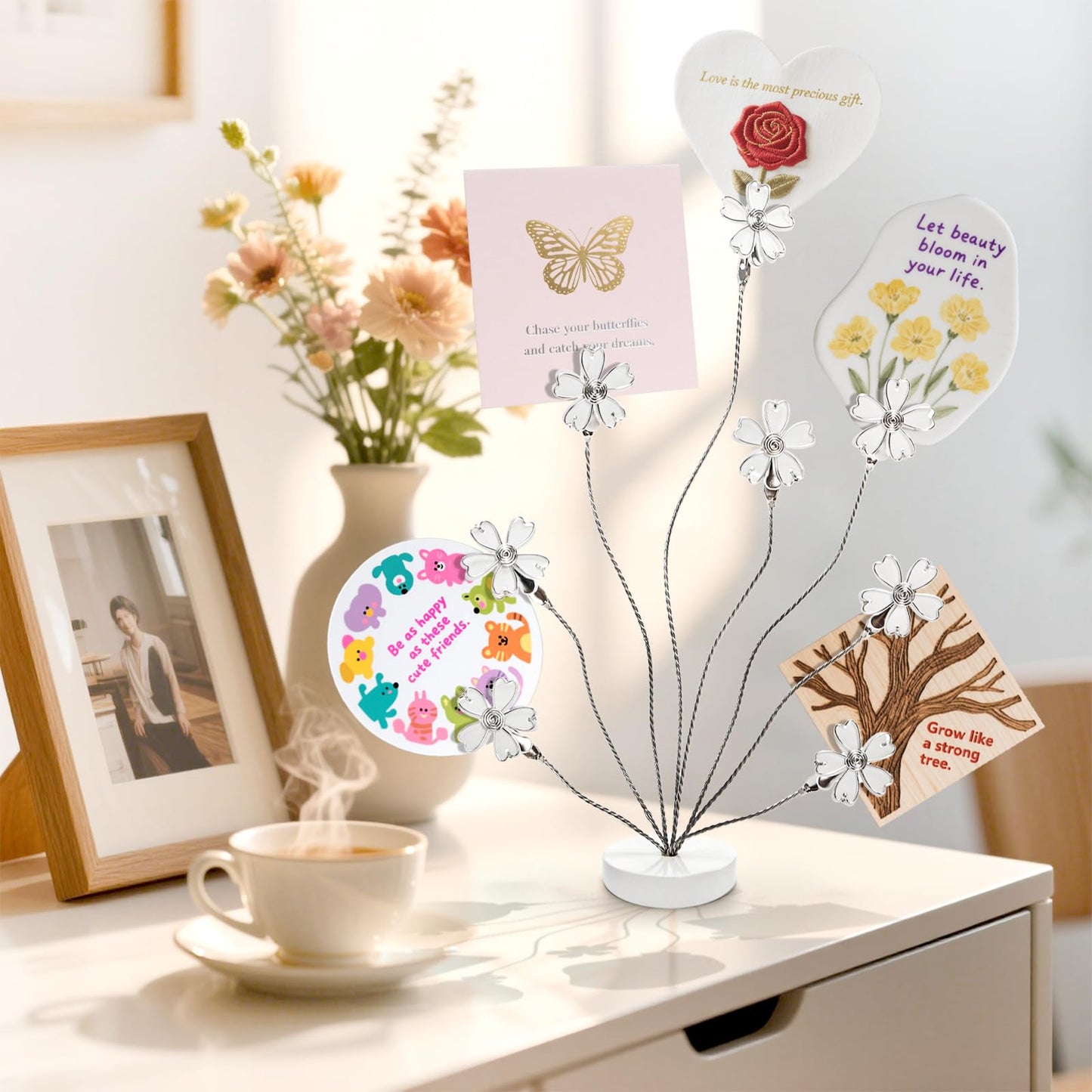 Hacaroa Photo Tree Holder with Clips, 8-Branch Gift Card Holder Christmas Money Family Tree Picture Stand for Greeting Cards, Memos, Notes, Wedding, Graduation, White Sakura