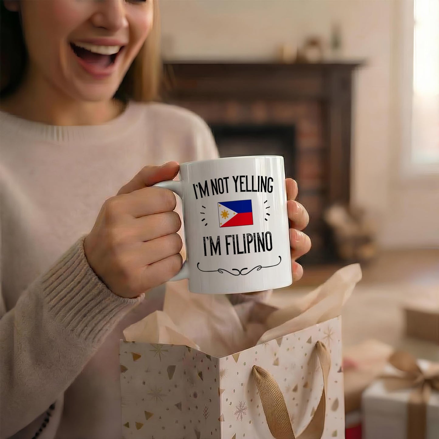 Casitika Philippines Pride Souvenir and Gifts. I'm Not Yelling I'm Filipino 11 Ounce Coffee Mug. Gift Idea for Proud Wife, Husband, Friend or Coworker Featuring the Country Flag. (White)