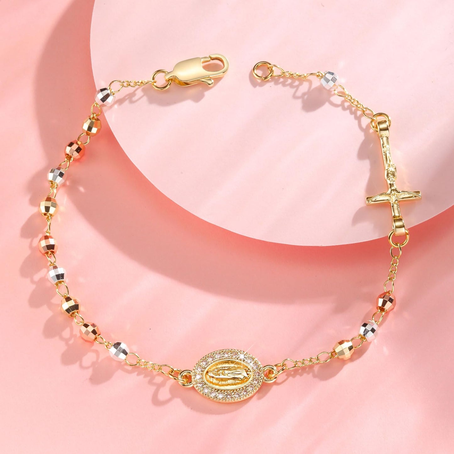 Catholic Crucifix Gifts Rosary Bracelet for Women-14K gold plated Virgin Mary Jesus Cross Charm Link Chain, Dainty Virgen de Guadalupe Religious Gift for Confirmation Baptism First Communion Easter