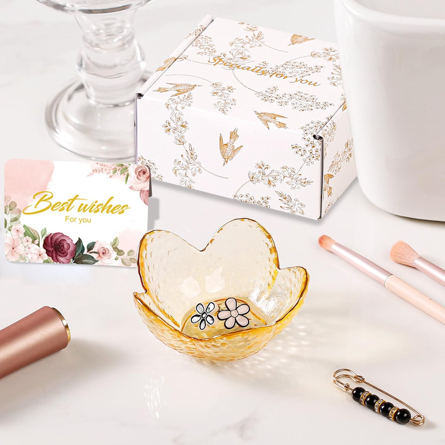 Yellow Flower Ring Dish Jewelry Dish Glass Jewelry Tray Small Trinket Tray Ring Holder Dish Cute Room Decor Aesthetic Bathroom Decor House Warming Engagement Birthday Gifts for Women Stocking Stuffers