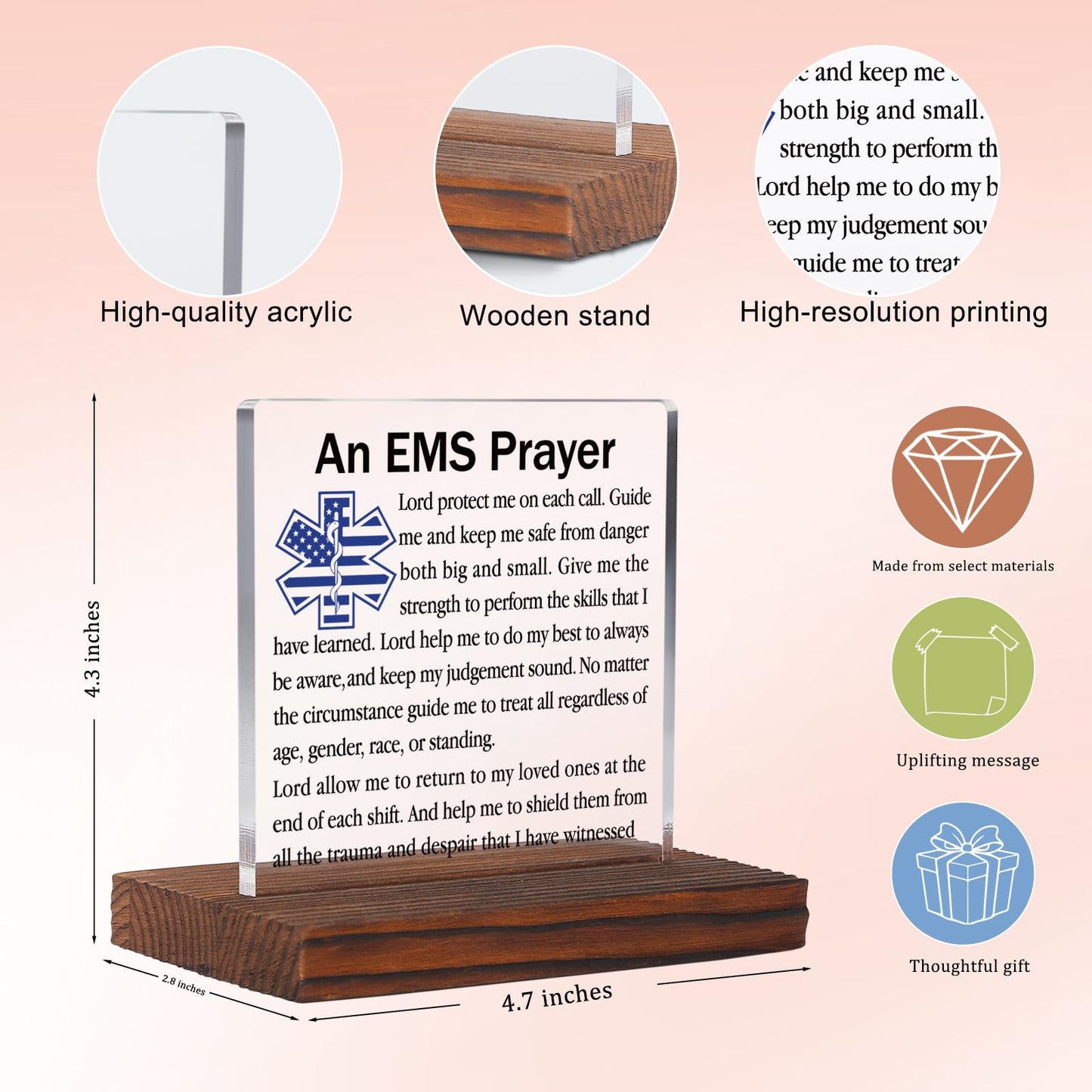 The EMS Prayer Gifts Clear Desk Decorative Sign Inspirational Gift for EMTs Paramedics First Responders, Appreciation Gift for Emergency Medical Services, Office and Home Display Plaque TZ203