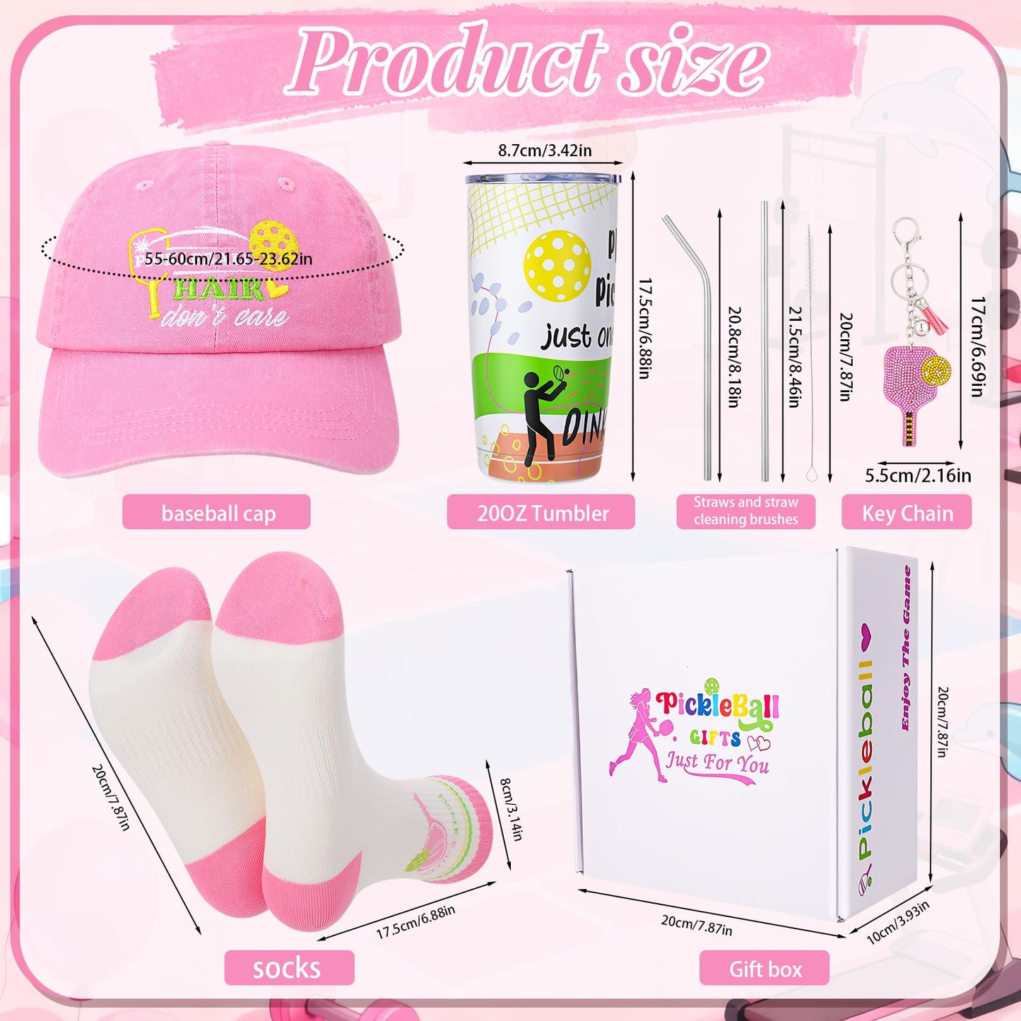 Pickleball Hat for Women, Pickleball Accessories with Cotton Baseball Cap Socks Stainless Steel Tumbler for Birthday Christmas Pink