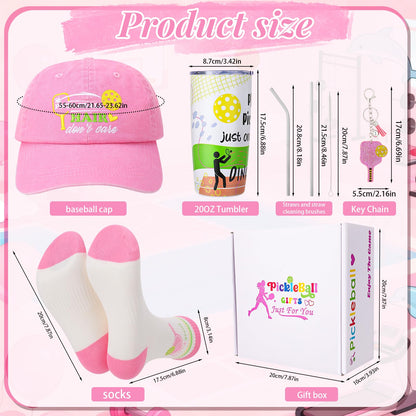 Pickleball Hat for Women, Pickleball Accessories with Cotton Baseball Cap Socks Stainless Steel Tumbler for Birthday Christmas Pink