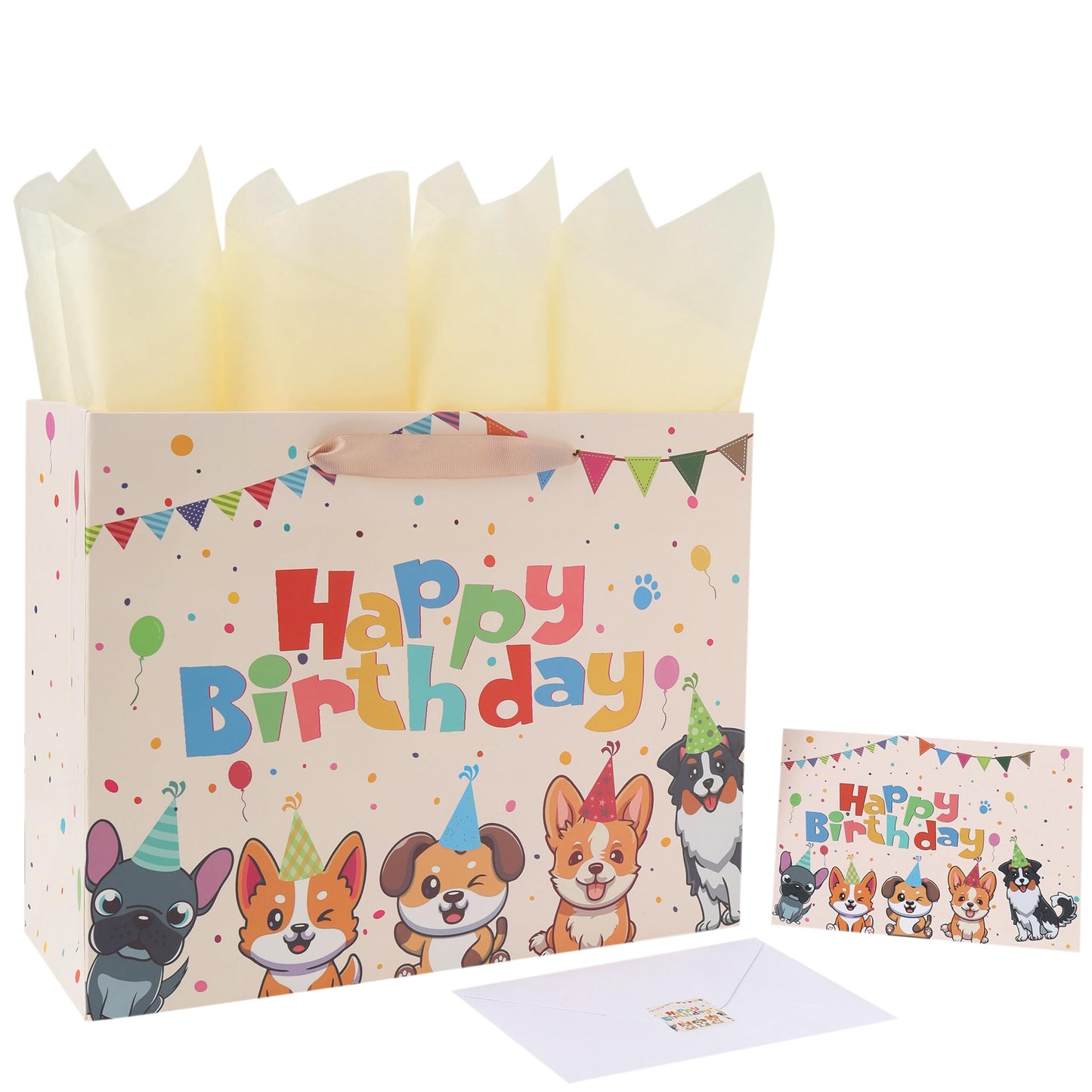 wishinside 13” Large Dog Happy Birthday Gift Bag Set with Handles, Greeting Card, Tissue Papers and Stickers for Girl Boy Kid Women Men, Cream Puppy Design, 1 Pcs