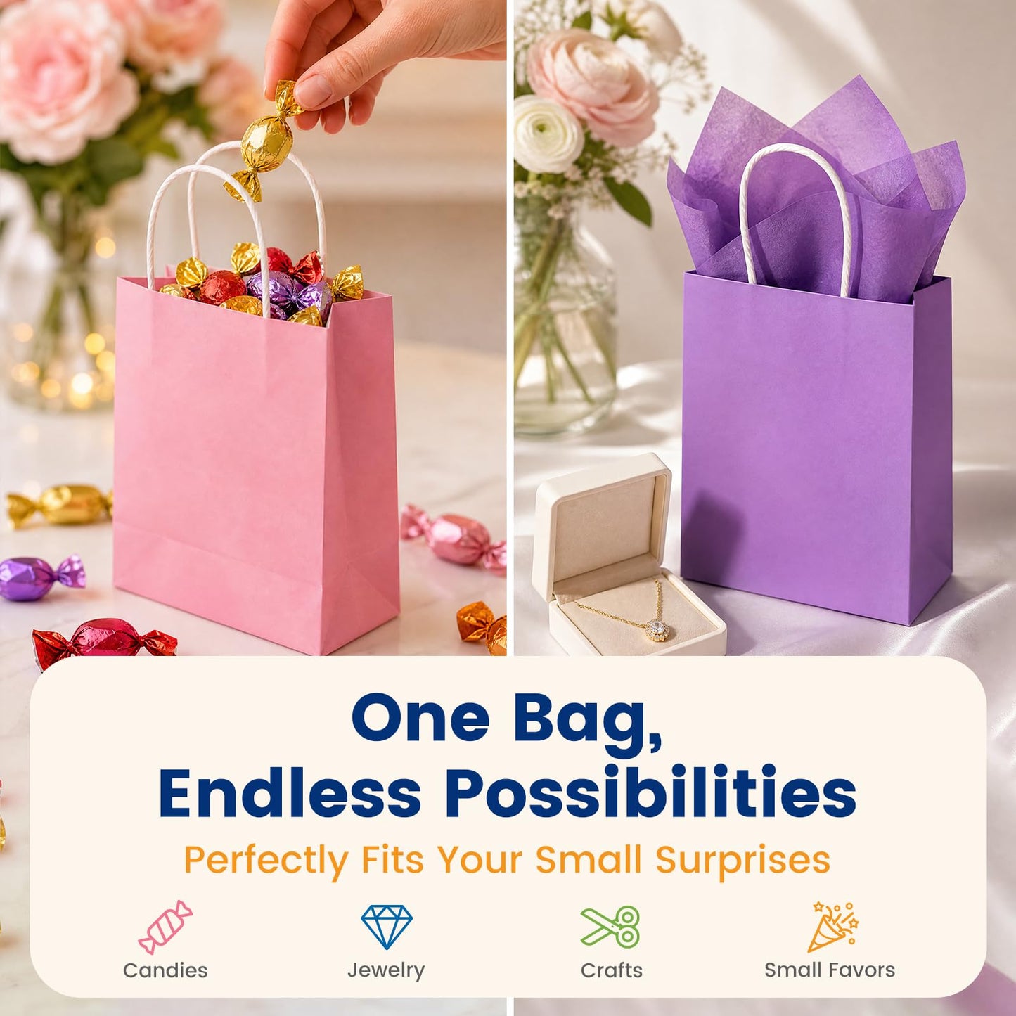 LovesTown 24 Pack Small Gift Bags with Tissue Paper, 5.5x2.75x7.8 Inch Goodie Bags with Handles 8 Colors for Birthdays Weddings Gift Wrapping Bulk Supplies