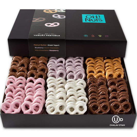 Oh! Nuts Chocolate Covered Pretzel Gift Baskets - 100 Mini Chocolates Pretzels Gifts Basket - 6 Assorted Flavors Snacks Box - Chocolate Tray for Holiday, Birthday, Corporate, Men & Women