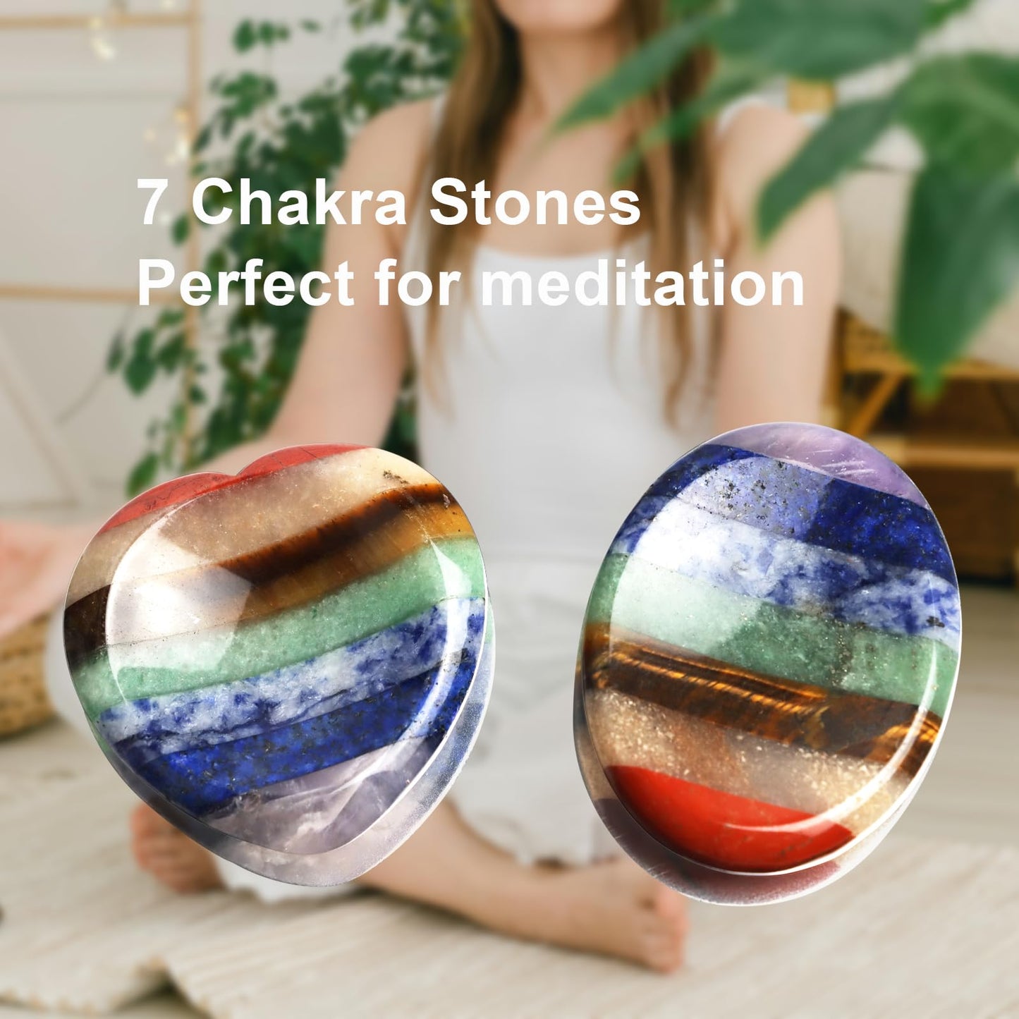 Worry Stone for Anxiety, Thumb Crystals and Healing Stones, 7 Chakra Heart Stone Healing Crystals, Meditation Accessories Stress Relief Gifts for Women Men