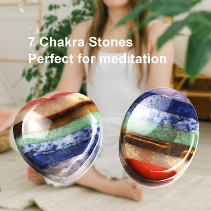 Worry Stone for Anxiety, Thumb Crystals and Healing Stones, 7 Chakra Heart Stone Healing Crystals, Meditation Accessories Stress Relief Gifts for Women Men