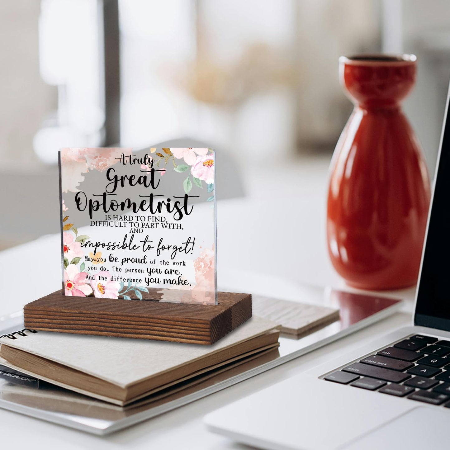 Optometrist Appreciation Gift, Floral Acrylic Desk Sign with Inspirational Thank You Quote, Rustic Wood Base Decor for Eye Doctor Graduation, Retirement or Office Display KAC205