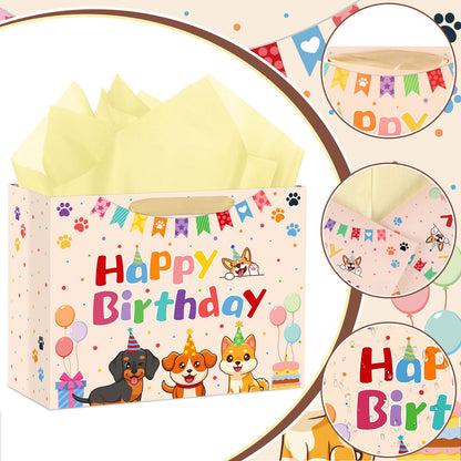 Hooqict Large Dog Gift Bag Dog Birthday Gift Bag with Handles, Tissue Paper, Greeting Card for Kids Boys Girls Pet Puppy Themed Birthday Party Decorations Supplies