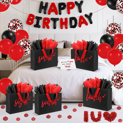 Addblu 5 Senses Gift Bags for Him with Labels Tissue Paper And Handles, 12.6"X8.7"X4" Includes Birthday Decoration Banner, Balloons, Rose Petals & Cards for Him or Her, Husband or Boyfriend (Black with red lettering)