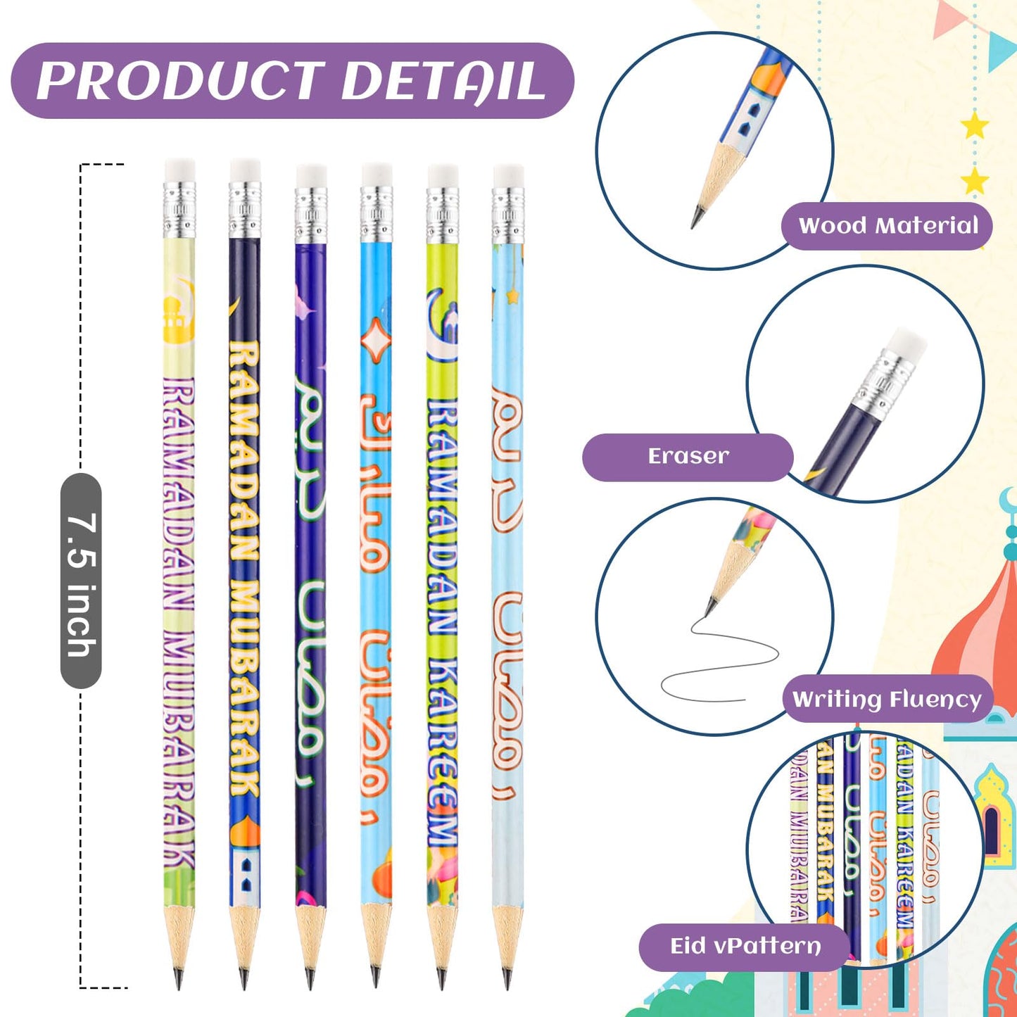 Feifeiya 96 Pcs Ramadan Eid Mubarak Gifts, Eid Pencils Ramadan Wristbands Party Favors Muslim Gifts for Kids Students Classroom Party Supplies